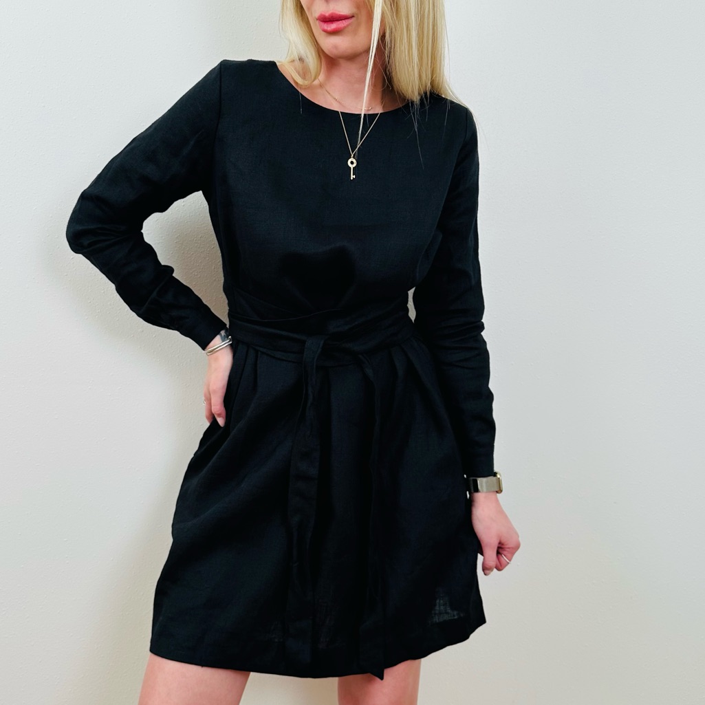 Nich Linen Elegant Black Linen Crew Neck Cuffed Long Sleeves Wrap Mini Dress — image 2 of 8